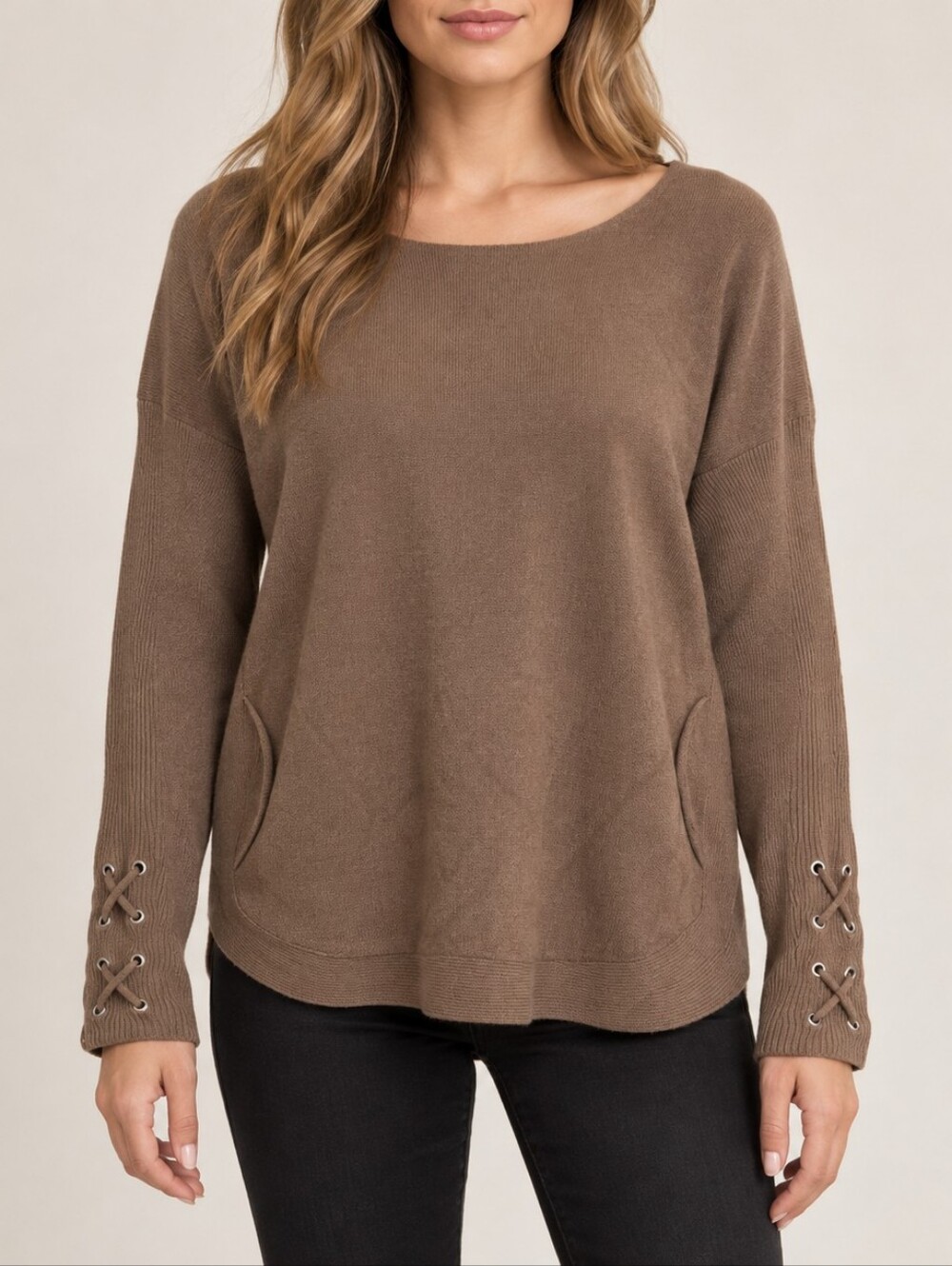 Charlie B Brown Lace-Up Sleeve Pocket Sweater Size XXL Taupe